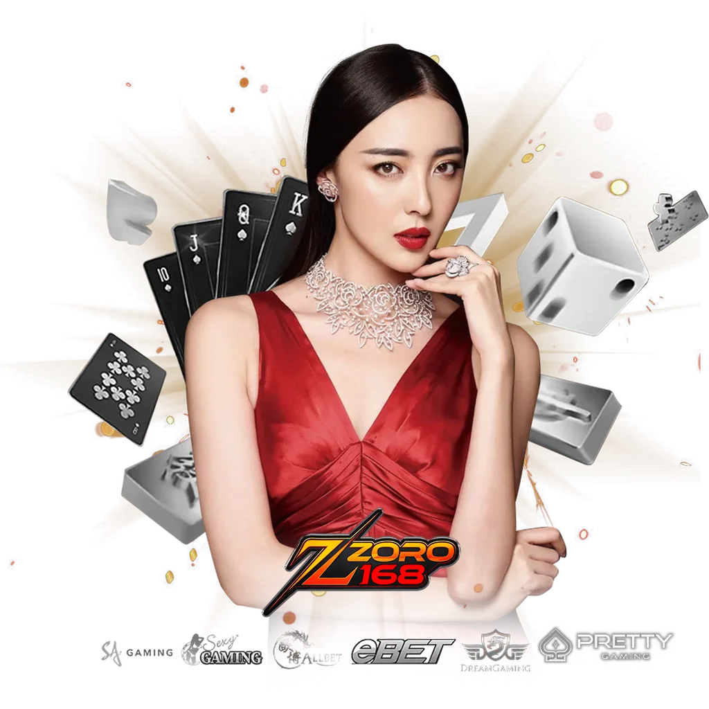 ภาพแบนเนอร์คาสิโนออนไลน์ ZORO168 พร้อมผู้หญิงชุดสีแดง ไพ่ ลูกเต๋า และอุปกรณ์คาสิโน สื่อถึงเกมสล็อตและเกมคาสิโนออนไลน์