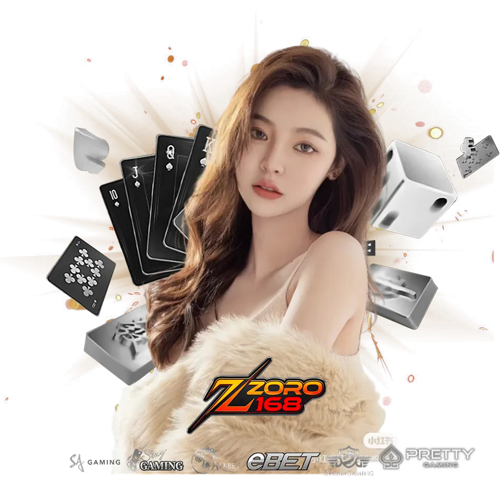 ภาพแบนเนอร์คาสิโนออนไลน์ ZORO168 พร้อมผู้หญิง ไพ่ ลูกเต๋า และอุปกรณ์คาสิโน สื่อถึงเกมสล็อตและเกมคาสิโนออนไลน์